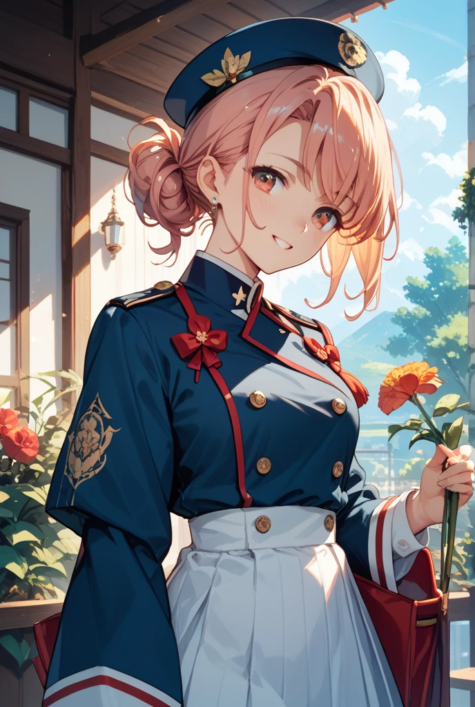 8K High Resolution、(((masterpiece)))、Anime Art、20 year old beauty、Fearless smile、(((Redhead short cut)))、167㎝、Small breasts、Blue Eyes、Imposing eyebrows、Strong eye power、Red military uniform、Austrian Army at the end of the 19th century、A silver rose on my chest、Japanese sword in hand