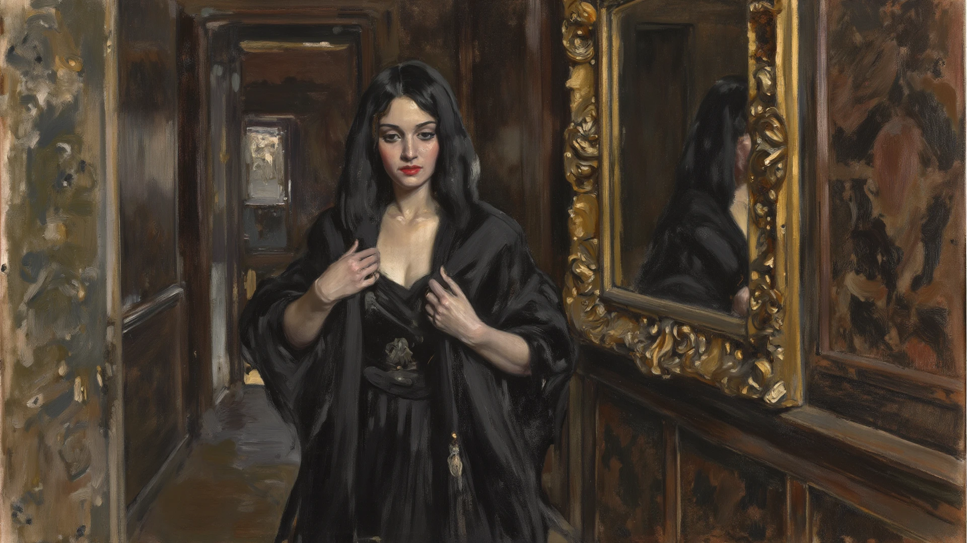 wednesday addams, topless and shirtless, wearing a black slit skirt, textured skin , goosebumps, in a fancy gothic mansion with tall windows, misty room, (atmospheric lighting), 85mm, bokeh,sharp focus on subject, art by SabuArt3v