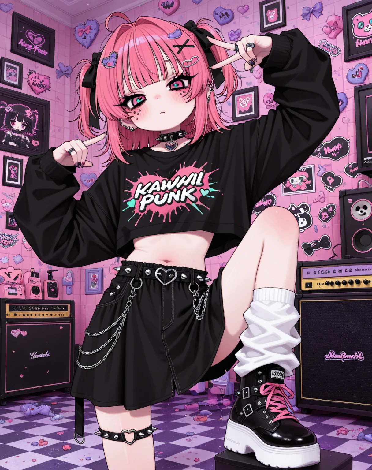 woman, Holo-Punk Style, beautiful woman in messy bedroom, full body, poofy hair,
eyeliner,
emo,
emo makeup,
goth, pink hair, large breasts