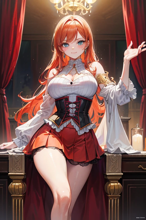 1 girl, (masterpiece), (high quality), (8k resolution), (best quality), (masterpiece:1.5), ((anime)), vibrant details, 1girl, (cute:1.2), beautiful, high-quality and detailed face, perfect face, (light red hair:1.4), rosy cheeks, detailed eyes, (green eyes),colorful eyes,(watery eyes),nsfw,, slender body, looking at viewer, shiny skin, big breasts, cleavage, ((red knight uniform)), sitting, magic shop, straddle, (blushing:1.5), ahegao face, Accentuated Legs, short skirt