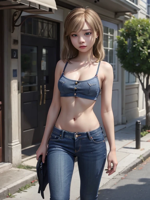 A woman in shorts and a shirt is walking down the street, hotpants, wearing denim short shorts, very short pants, Wearing shorts, Short shorts, denim hot-pants, sexy girl wearing shorts, In shorts, Short jeans, Hot Pants, daisy dukes, skimpy shorts, legs showing, waist - shot, Wearing a short, thigh closeup, Thigh gap, best quality, 1girl, highres, px4storm \(summer\),
(soft breasts:0.6), (sexy legs:0.4), bikini, flip-flops, white bikini, blonde hair, white bra,
colorful, bright colors, sharp lines,