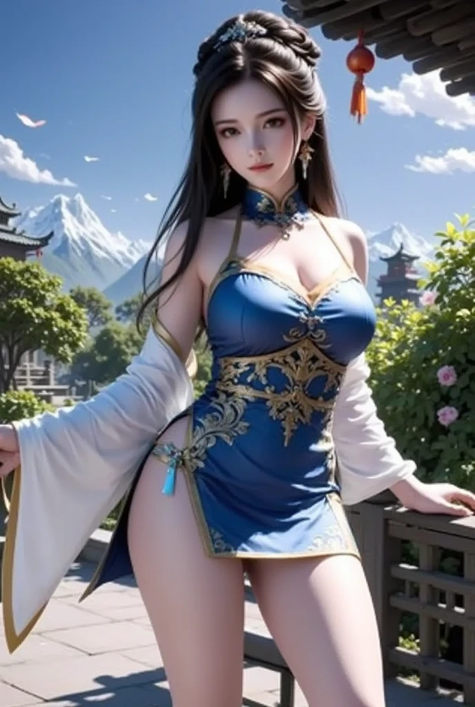 Woman wearing sexy lingerie and cape, full body xianxia, Beautiful fantasy queen, She exhibits sexual arousal and intense desire，sex hunger，Strong sexual desire，Transparent blue and white underwear，Transparent clothes，High-cut bra，Huge breasts，Big Girl，Charming anime girl, Hino Rei plays the princess, guweiz masterpiece, barbie wearing white boots，Rich details throughout the fuselage, girl wearing hanfu, Popular on CGSTATION