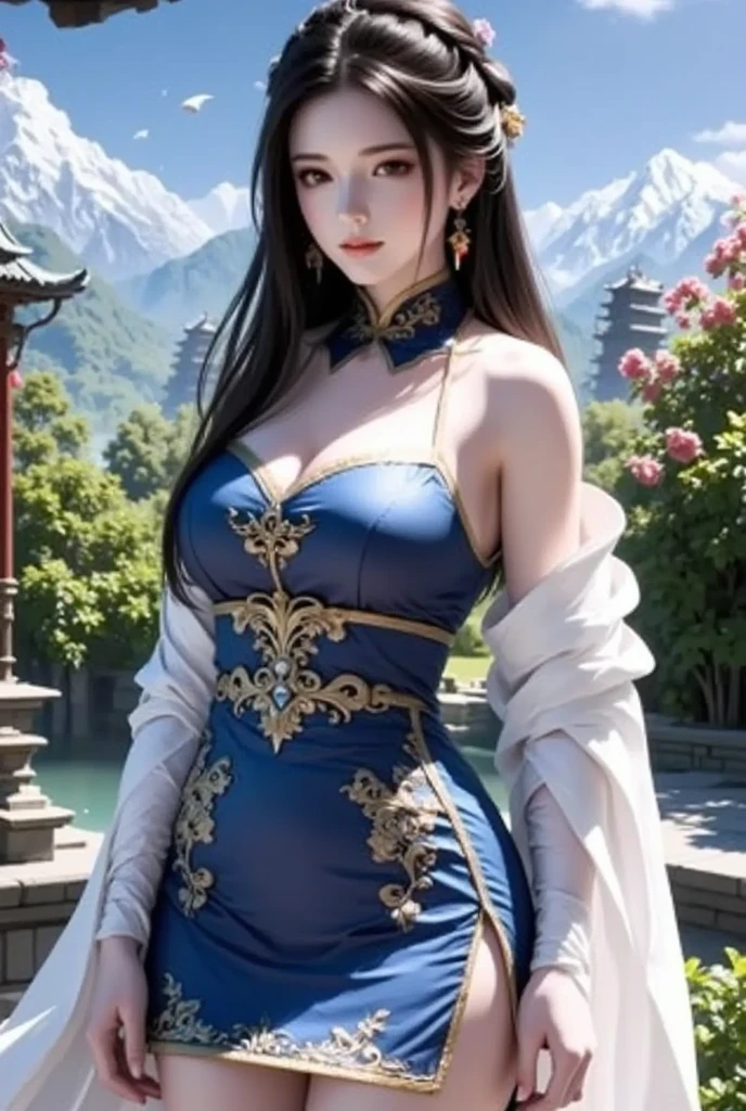 Wearing a blue dress、Arav woman wearing a gold belt and necklace, 3D Rendering Character Art 8k, Popular on cgstation, chengwei pan on artstation, Inspired by Lan Ying, 8K Artgerm bokeh, 8k high quality detailed art, Deviantart Art StationCGSCOSIETY, cgsociety 8k, cgsociety 8k