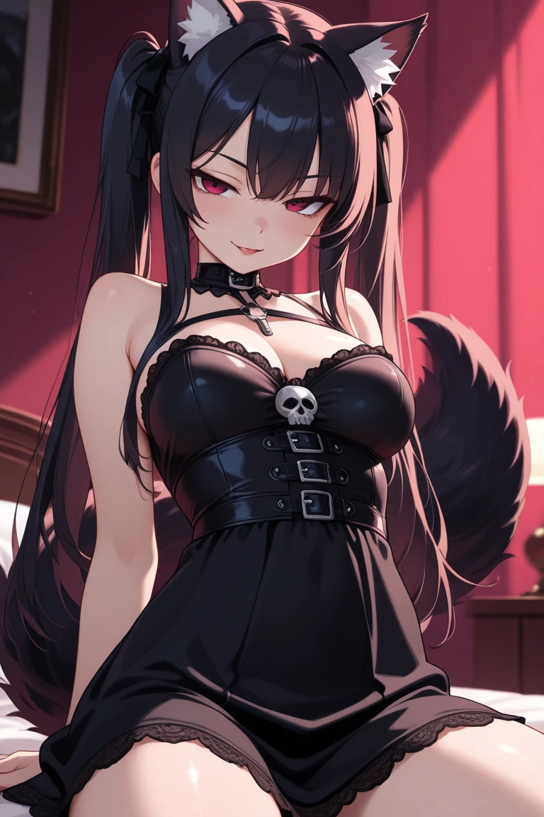 Anime human wolf woman, with a short black skirt, a short black crop top, a cross necklace, a cigarette in her hand, an evil face, red eyes, extremely white skin, black ears, black tail, In a super luxurious place