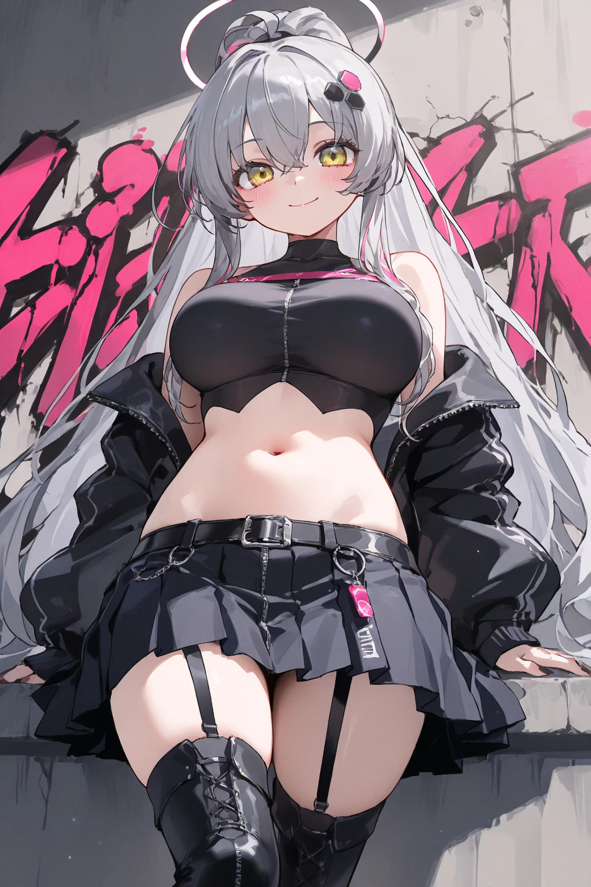 ((masterpiece)),(best quality),official art,extremely detailed CG,unity 8k wallpaper,ultra detailed,1girl,solo,cowboy shot,long_hair,swimsuit,dark_skin,tan,large_breasts,white_hair,cleavage,black shorts,thigh_strap,black_jacket,bare_shoulders,body_markings,choker,bikini_top_only,multicolored_hair,facial_mark,forehead_mark,collarbone,zipper,open_clothes,red_eyes,looking_at_viewer,hair_ornament,shoes,off_shoulder,feather_hair_ornament,long_sleeves,black_bikini,bangs,bodypaint,unzipped,<lora:Massachusetts(azur)>,