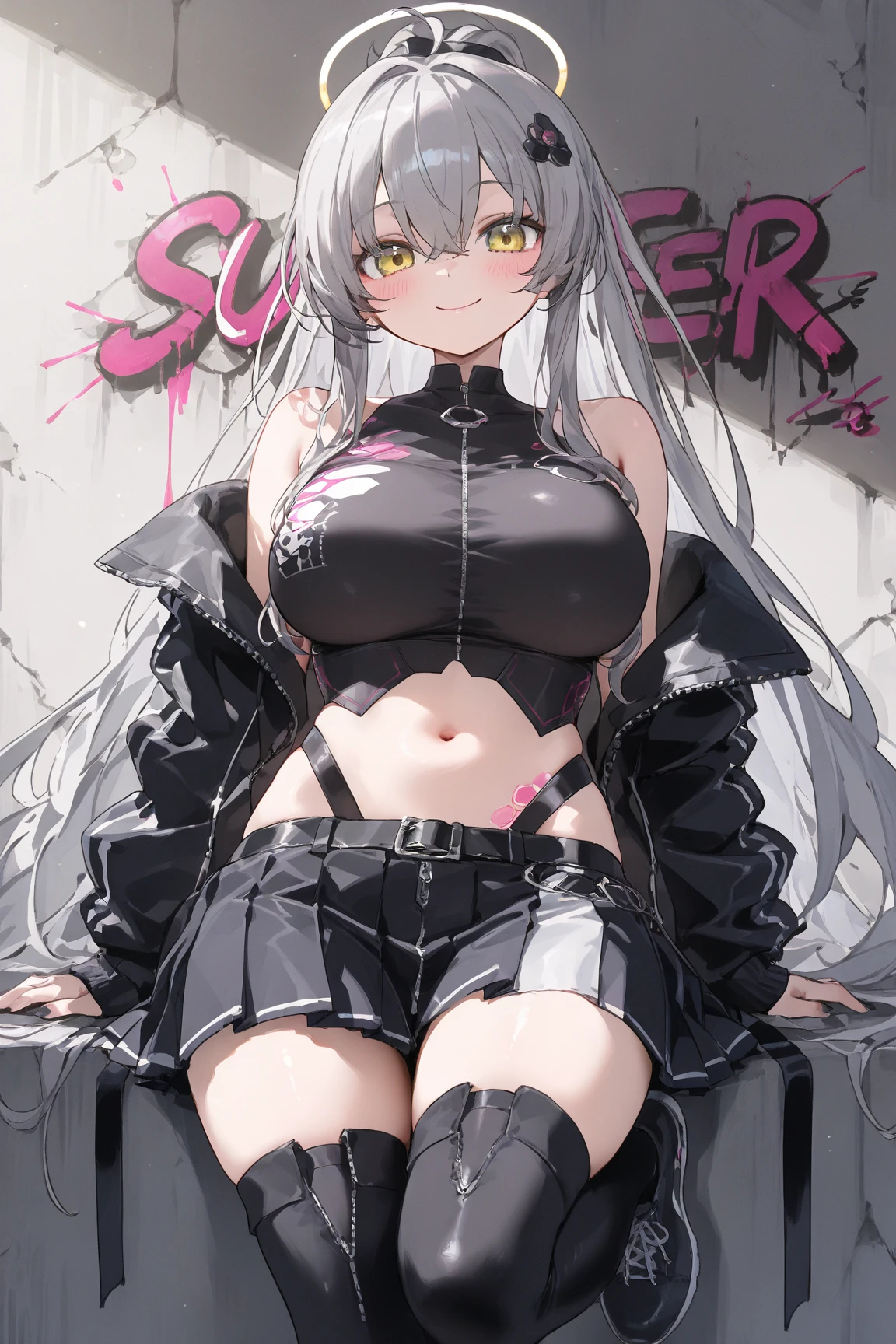(MASTERPIECE), (Best Quality), (Ultra Detail), Official Art, One Girl, background, mixed-language_text, Japanese letters in graffit, beautiful woman em ação, long black hair, excellent lighting, sidelighting, perfect ultimate (flat color pink bubblegum gradient: 1.3), (magazine_cover: 1.4), (multicolored_background: 1.3), striped_background, card_background, :: discs with sharp and shiny blades in hand :: circular pieces of white metals glued to the ultra detailed arms coming out sparkling glow, black star design stamped in the middle of the t-shirt, perfect and detailed sculptural body, ultra detailed shirt with abstract design and with Japanese letter print in grafit of the sides of the clothing, worn jeans, big breast, with immersive effects, hover effect, background graffiti style flowers with flowers and vibrant colors, "ultra" hdr detailed and with focus effect, (masterpiece: 1.2, best quality), (beautiful emerald yellow eyes with huge finely detailed eyelashes: 1.2), , ((Solo)), (Finely detailed eyes and detailed face:1.3),beautiful ultra-detailed eyes, lineart light smile, graffiti and tattoo style backdrop, woman, alone. midriff, skintight bodysuit with detailed tattoo-style print, ultra-detailed red gradient leather jacket, hot thighs, black skintight pants with ultra-detailed white and pink detailing, large breasts, ultra-detailed bracelets on arms, , bracelet on right arm with ultra bright red energy