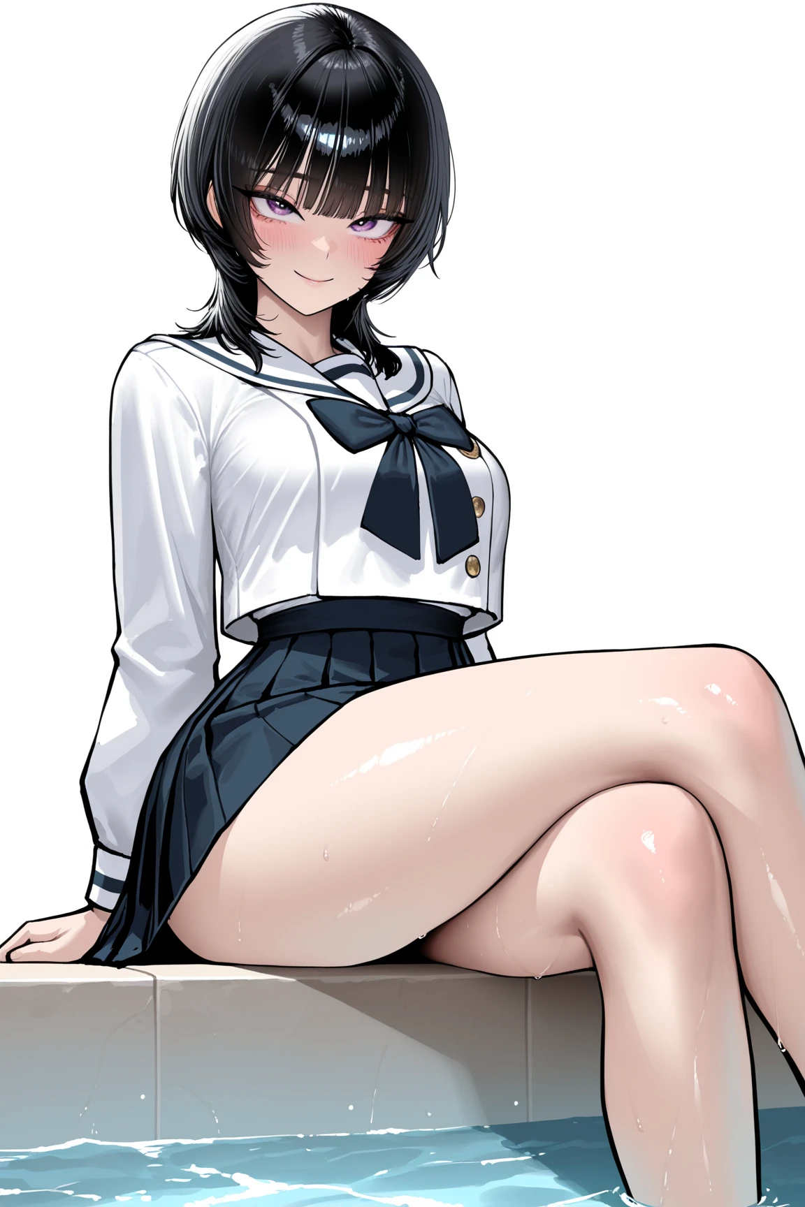 8K,master piece,anime,Perfect Anatomy,Suguha Kirigaya,(fullbody),1female,crossed eyes,(rolling eyes),open mouth,(tongue out),(crying),(orgasm),(short sleeved white sailor suit),underboob,(lower body naked:1.2),(cum in pussy:1.2),(groin),(black thighhigh stocking),((highheel short boots)),short hair,leanbody