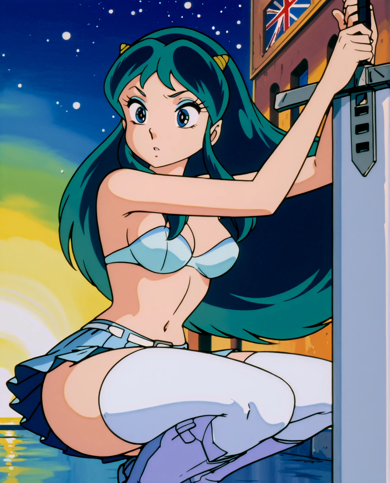 NSFW, masterpiece, (best quality: 1.2), long hair, blue eyes, green hair, big breasts, evil_smile, sexy, red lipstick, fishnet stocking,, ((micro bikini, cow, gray bell))