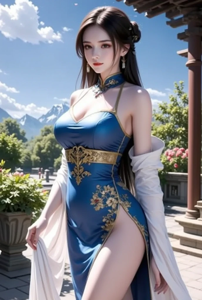 Young woman, goddess, queen, รูปร่างเพรียวthin, big breasts, long hair, short dress, thin, sexy, ชุดเกราะthin, high-heels, decorations, Masterpiece, realism, Sexy Gestures, majestic, Walk, Behind the scenes outside the stone castle, ruins