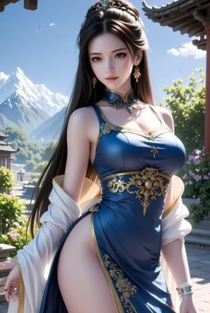 (8k, RAW photo, best quality, masterpiece:1.2),(realistic, photo-realistic:1.37),photo mapping,professional lighting,radiosity,1girl,solo,long_hair,(bracelet:1.1),(long legs:1.2),(earrings:1.1),physically-based rendering,proscenium,performance,be seated,Chinese dress,dark blue and gold dress,shinny dress,Correct hands,hands on legs,Close-up of the hand