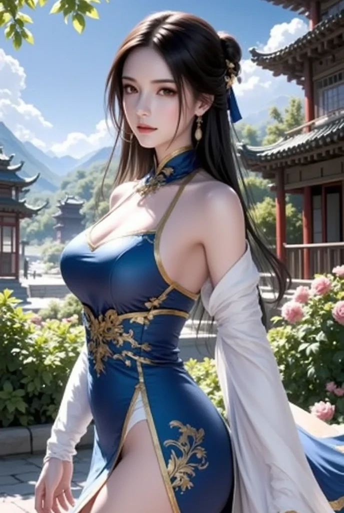 real image、masterpiece、1 beautiful girl、double eyelid、highest quality, 超High resolution, (reality: 1.4), movie lighting、asian beauty、super beautiful、beautiful skin、body facing forward、close up of face、(超reality的な)、(High resolution)、(8K)、(very detailed)、(beautiful and detailed eyes)、(Super detailed)、 (wall-)、detailed face、bright lighting、professional lighting、looking at the viewer、look straight ahead、slanted bangs, perfect face, brown hair, ((short hair))、From SF6, smile, open your mouth、wide hips, ((big breasts))、Tight blue Chinese clothing, cleavage、slit、thighs,sitting、((Cross your legs))、