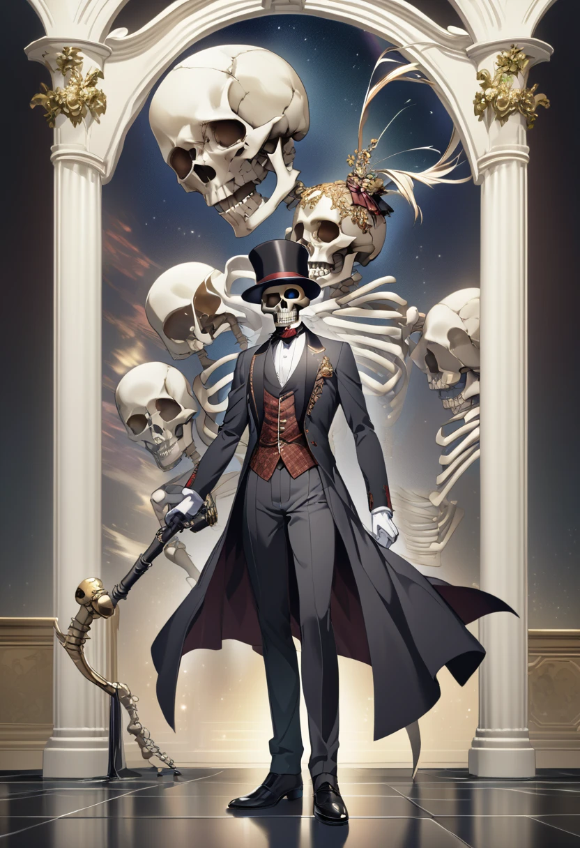 (((BARON SAMEDI))) best quality, ultra-high resolution, 4K detailed CG, masterpiece, man,skull face, formal wear, top hat, voodoo mythology, ((standing pose)), African aesthetic, centered screen, night, cemetery background