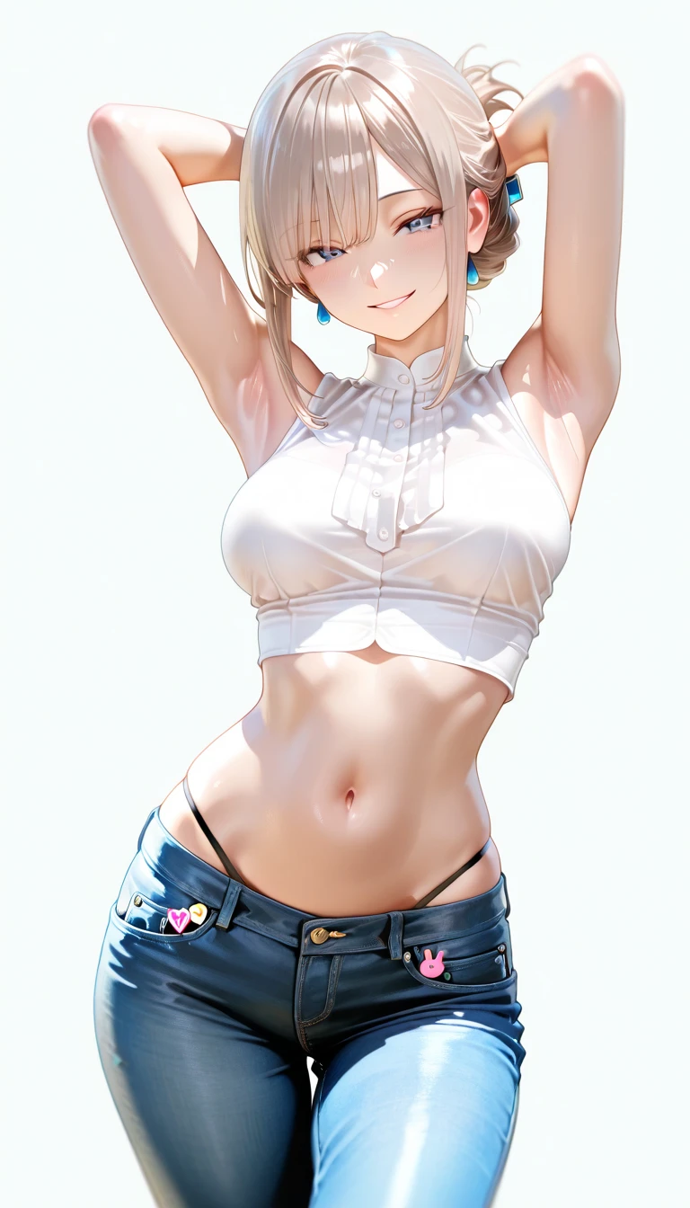 (masterpiece), ((of the highest quality)), alone, blonde ponytail, , smile, White shirt on naked body, white underwear, Open shirt, simple background(little),(littleキャラ) bra and panties