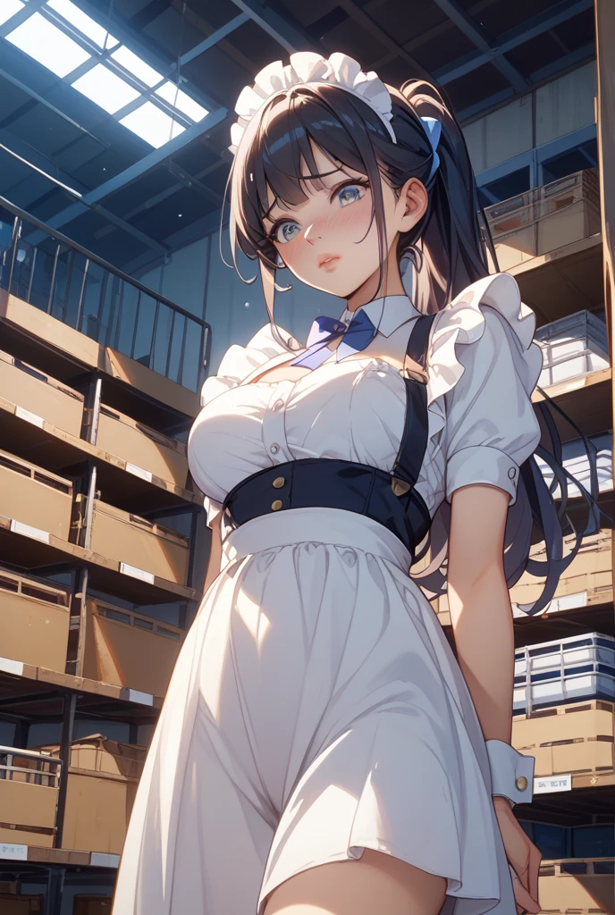 1girl,solo,large breasts, carried breast rest, carrying, cardboard box, <lora:CarriedBreastRestV1:1>,school uniform, black hair,kashino, <lora:KashinoV2:1>