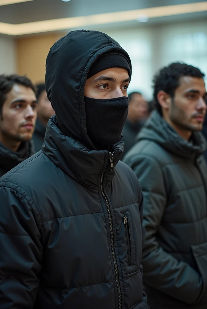 A man wearing black pants and a brown shirt. He has his hands in his pockets and is looking to the side. The man's face is covered with a black scarf or mask. stands next to a mosque and there are children around him, backview