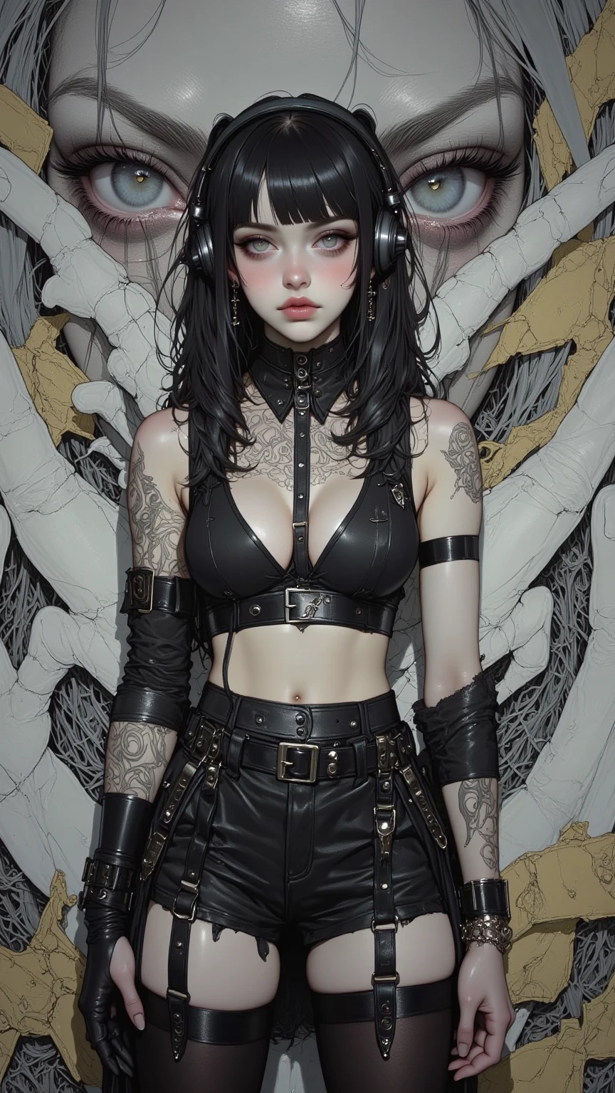 20 year old girl in gothic clothing with long black hair with two pigtails with silver strands silver choker black top black denim pants with spiked bracelets avocado belt with moon buckle fingerless gloves black painted nails with rings