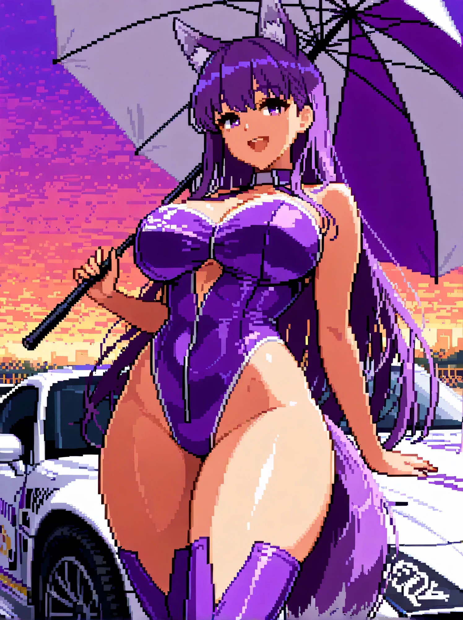 Akeno Himejima, 1girl, (((bimbo))), long blue gray hair, purple eyes, ear rings, (((bimbo))), puffy lips, painted lips, thick lips, smile face, wide hips, thick thighs, tight pink bunny outfit, huge round ass, huge natural Hitomi Tanaka breasts, fishnet, full body, posing with car