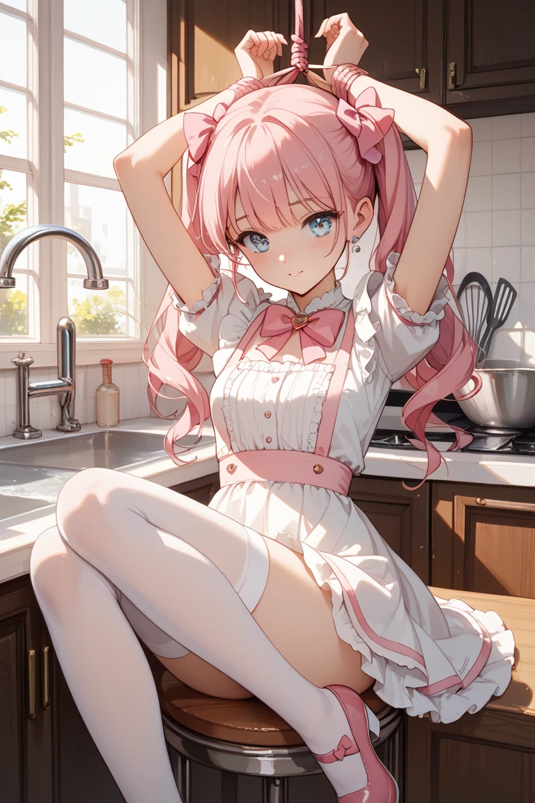 Highest quality、Shiny silk short sleeve puff sleeve pink maid outfit、See-through、Very short skirt、Big red bow、A short white ruffled apron、White garter belt with ribbon、Pink high heels with ribbon、Large headband with ribbon、Flushed Cheeks、Embarrassed look、panic、panic、Soaking wet、Great Khan、Torn clothes、Strong winds、Big Breasts、Stretch out on a chair、Facing forward、Looking up from below