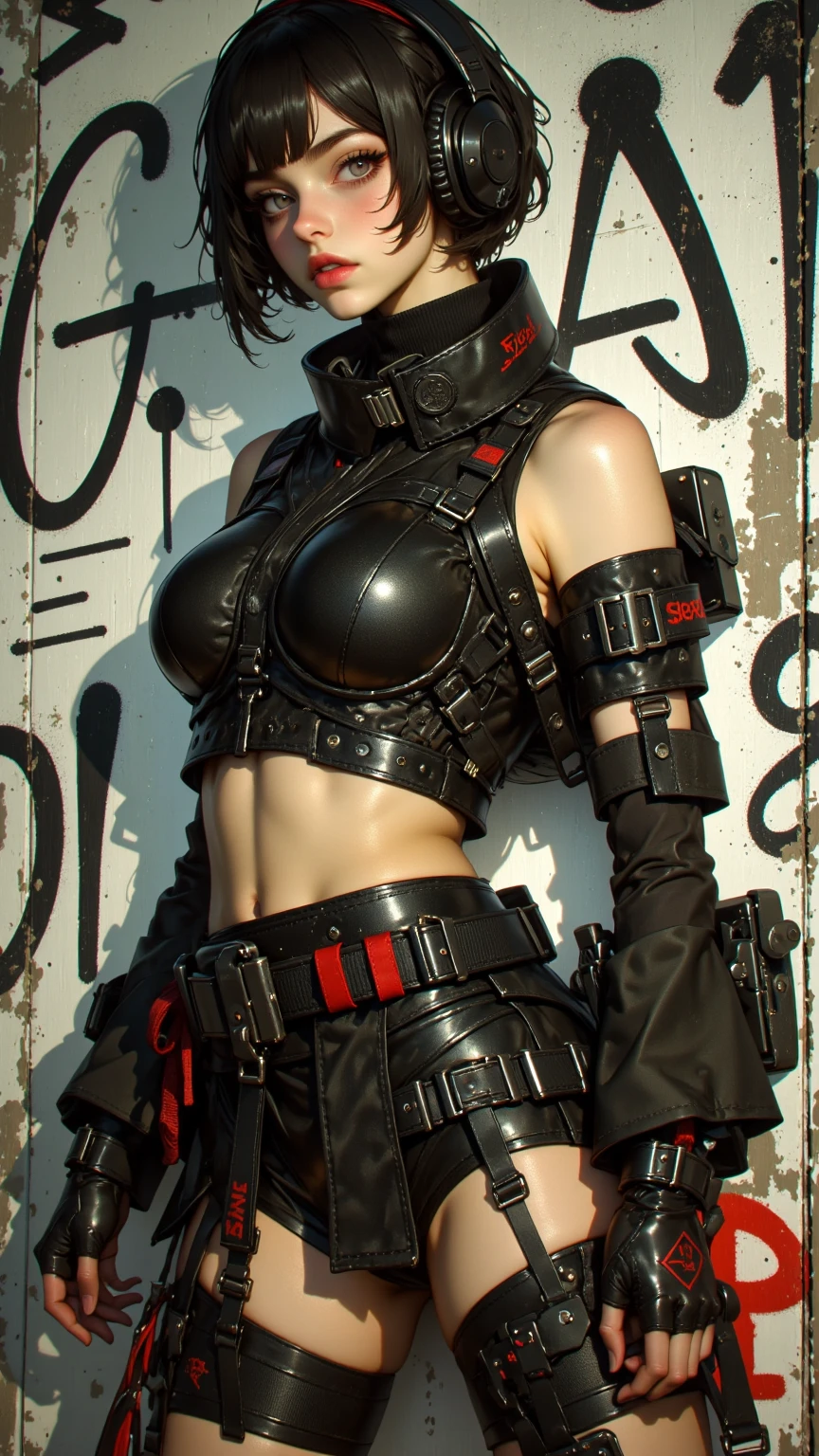 Sexy woman big breasts muscular athletic body wearing a Batgirl mask tattooed body tactical vest nsfw