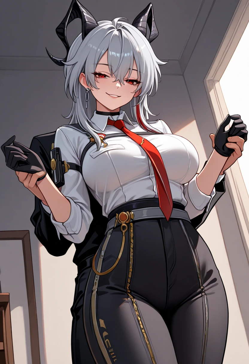 masterpiece, best quality, highres, 1girl, virtual youtuber, bangs, belt, black footwear, boots, breasts, collared shirt, black sweater, eyebrows visible through hair, gloves, hair between eyes, hair ornament, hair ribbon, hairclip, jacket, labcoat, long sleeves, looking at viewer, open clothes, pantyhose, red eyes, shirt, solo, white gloves, white jacket, white shirt, glove, long sleeve, open clothing, bangs between eyes, grey hair, gray hair, white hair, medium hair, shoulder-length hair, silver hair, twin braids, twinbraids, twinbraid, twin braid, low twintails, crossed legs, crossed legs \(sitting\), crossed legs \(standing\), crossed legs \(lying\), sitting, sit, sitting down, arms behind back, hands behind back, arms behind, boobs, tits, breast, medium breasts, neck ribbon, red eye, closed mouth, frown, frowning, tights, boot, naked boots, indoors, bedroom