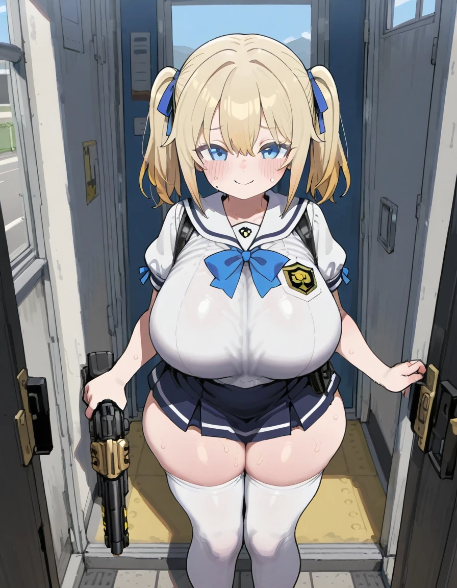 masutepiece, Best Quality, 1girl in, Empty eyes, Utsurome, maid, Smile,a child girl,Lori,(((Huge assault rifle))),rocket launcher、Multiple girls、big round glasses、