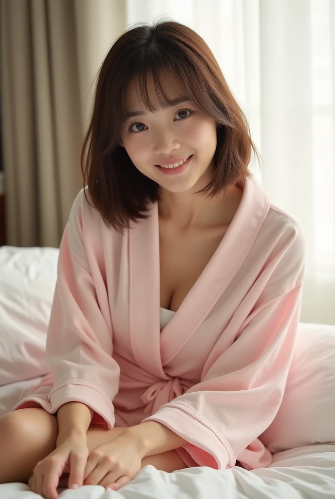 smile, pajamas , lie down on the bed , small breasts、cleavage、bob short hair