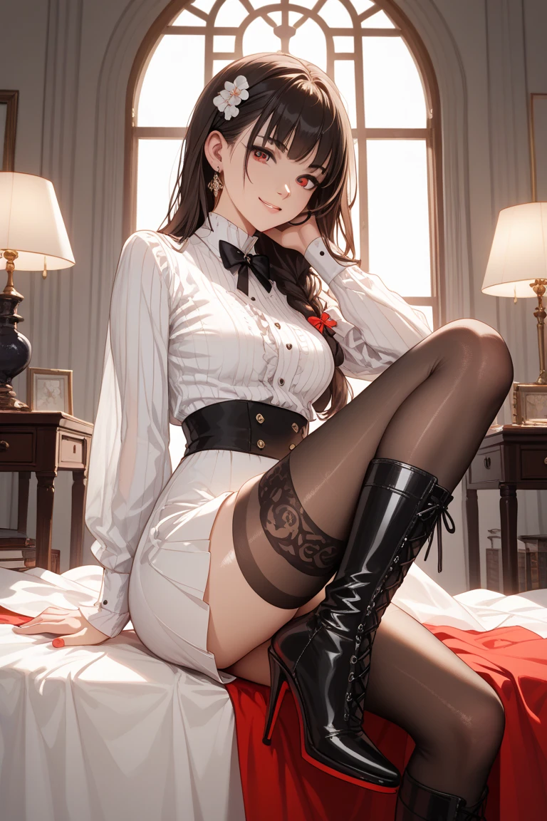 Highest quality, masterpiece, Adult women,8 heads,Long sleeve maid outfit,Without skirt,Brown Hair,Long Hair,Dark Room,Sit on the sofa,Spread your legs、Leg spread,White tights,White garter belt,Wet white lace panties,I can see your pants,A seductive smile, Plump thighs,Long legs,Droopy eyes, Hearts in eyes, Fatty face, Low - Angle,Push out your hips