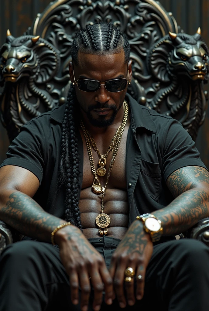 Actor Jason Derulo sitting on a throne; A wedding dress with bright yellow and white resin, wearing a black mask, long black hair, shiny resin, Goat beard large muscles, Intricate detail; detailed background; the deepest muscles A photo of a handsome black man with the words Tigrel on his chest. l4tex4rmor,