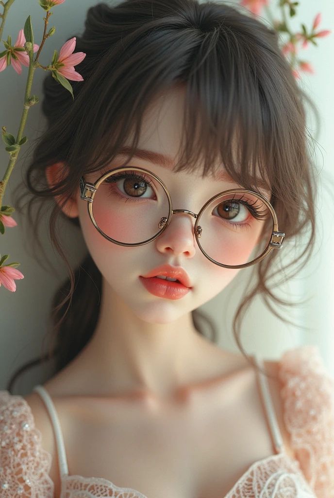 Highest quality, RAW Photos, Realistic, face, Incredibly beautiful girl, cute, Long Hair,ponytail,Glasses,Written boundary depth, High resolution, 超detailed, detailed, Very detaileded, extremely detaileded eye and face, Sharp pupils, Realistic students, Sharp focus, Cinema Lighting, flat breasts, small breasts, small,( small bust: 1.2), small bust, (slim, small, flat, small), thin, Delicate and sexy collarbone, (White shirt:1.2), (Lifting ワイシャツ to show off a small white bra:1.5))),((Whole Body Ezbian)),