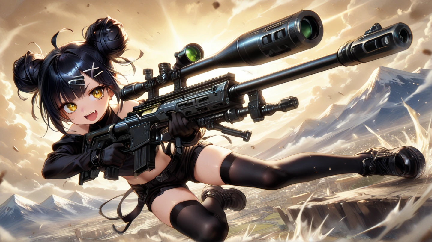 masterpiece、highest quality、Ultra-high resolution、Maximum resolution、Very detailed、Professional Lighting、anime、woman、thin、so beautiful、high school girl、White sailor suit、White knee-high socks、Has a sniper rifle、Red Eye、Black Hair、long hair、Braided Hair、Lie face down and aim your sniper rifle、Fingerless gloves、Tactical Boots、Equipped with transparent orange shooting glasses、Equipped with a chest rig、1 person on the battlefield