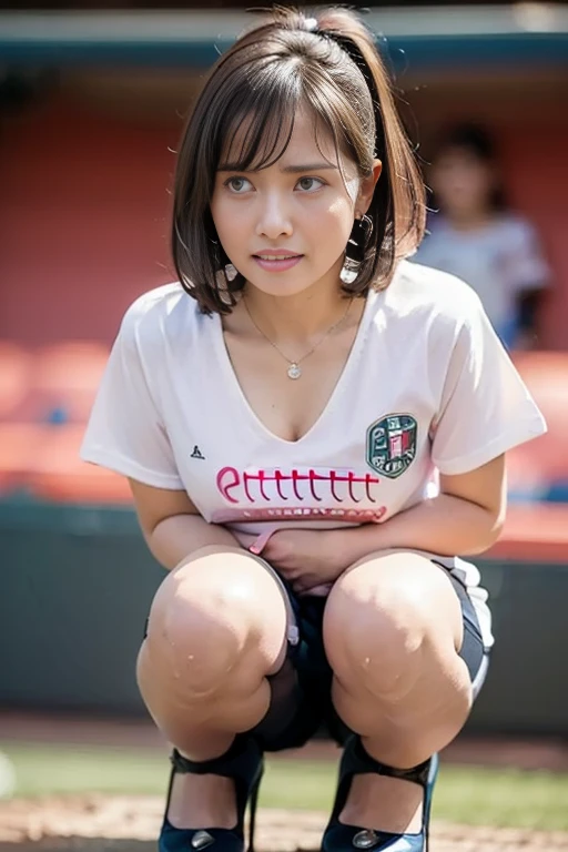 young Japan girl, cheergirl, short skirt, open legs, white lace underwear, full body, stadium,