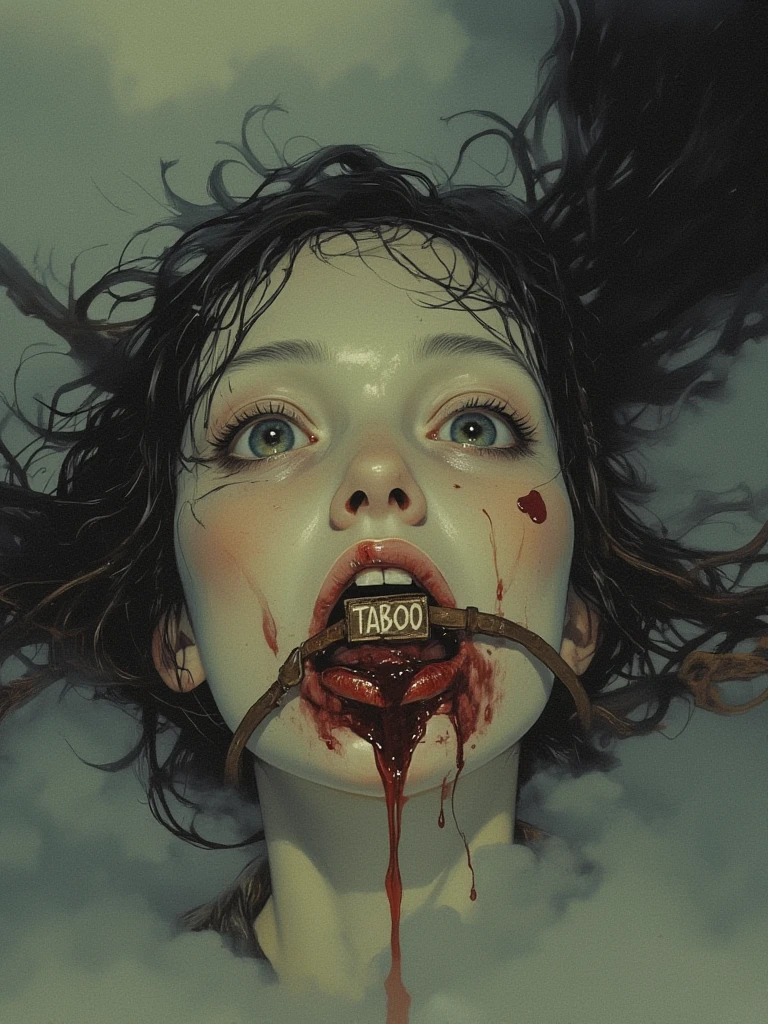 Setting: Close-up on the symbol mark on the victim's neck. Visual Details: Clearly visible enigmatic symbol, drawn in a color contrasting with the victim's pale skin. Text or small objects around that help highlight the brand.