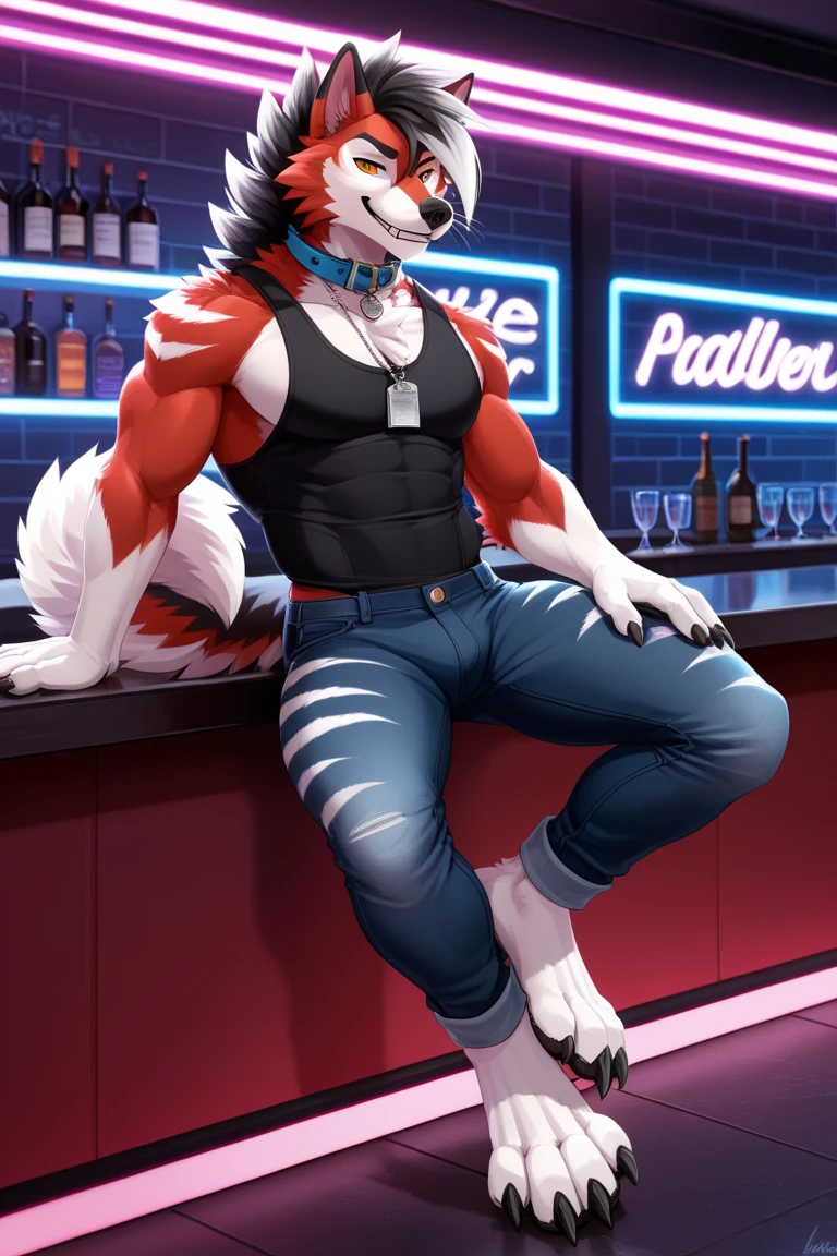 ((masterpiece))、(Super detailed)、(best quality)、Detailed background、(Science fiction style)、(concept art、Character table)、game pack、absurd(Highly detailed beautiful faces and eyes)perfect anatomy,Handsome boy,kemono,)(furry human),Anthropomorphic fox, In good condition, (Reddish fur, Exquisite details), Smile, Handsome, OK, orc, collar, on stage, pole dancing, Neon lights, Being watched, pink underwear, canine, male, giggle, (Slim, , exquisite eyes), naked, nipple, nipple rings