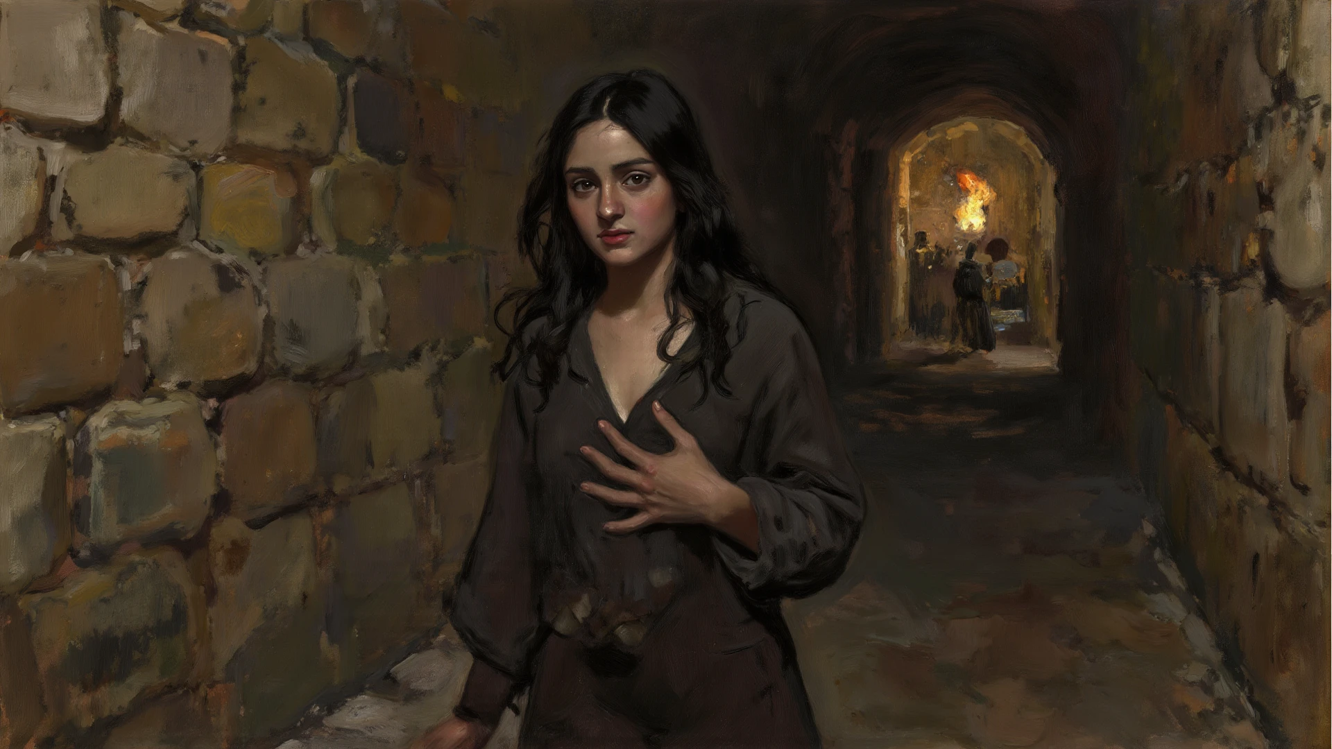 A skinny 20 year old girl, slim, dirty and hungry., dressed in rags, is being pressed against the wall by the police station. The scene takes place in the afternoon.. The focus is on the intense and distressing interaction between women and men... The woman&#39;s eyes reflect fear and despair., with tears running down his face. Men show aggression., exerting force on her, emphasizing his dominance and control. The woman&#39;s disheveled appearance and torn clothing highlight her vulnerability and dire circumstances... Dimly lit room increases tense atmosphere., casting shadows on the characters. The overall image should have a high level of detail., Represent facial features and emotions realistically.. The color palette should be muted., convey a feeling of sadness and despair. The message must aim for the best quality., with ultra-detailed rendering and realistic rendering to ensure a powerful and impactful depiction of this distressing situation..
