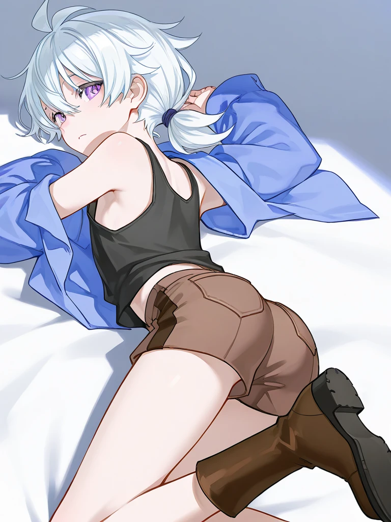 absurdres, highres, ultra detailed, super fine illustration, best quality, 1boy, perfect anatomy, male focus, solo, (dark-skinned:0.8) male, silver hair, long hair, black bikini, bare shoulders, bare arms, bare legs, <lora:_L2090:-0.6> <lora:flat:-0.2>