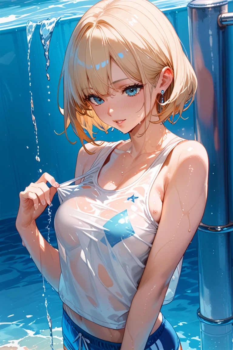 One blonde girl、red-eyed、swimming suit、bikinis、pools、Open your crotch、the body is dripping wet、 are see-through、Sheer swimsuit
