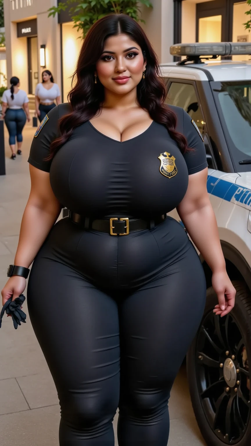 Police cap girl red hair long sunglasses police uniform super model beautiful face, huge breasts, wide hips, long sexy legs, tall