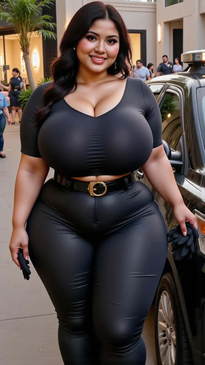 extremely fat girl, huge bust, 300 pounds, black pants, large stomach, lovehandles, smiling, bbw, plus size woman, wearing baseball cap, belt, massive and gigantic belly, black shirt, white jacket