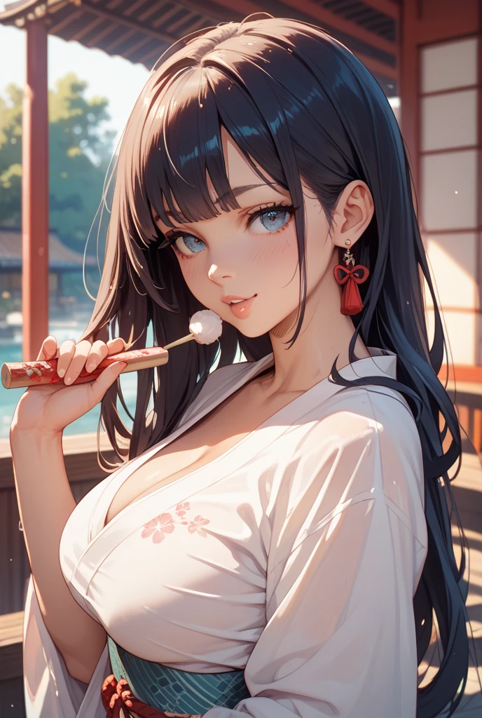 a 20 yo woman、(​masterpiece:1.4)、(in 8K、realisitic、Raw photo、top-quality:1.4)、(Real Face:1.4)、(real looking skin:1.3)、超A high resolution、A hyper-realistic、Black eyes、Katyusha、Black hair long hair、unclear、onepiece、(huge-breasted:1.5)、Blushing、alluring face、Inside the mansion、Playing the flute、score