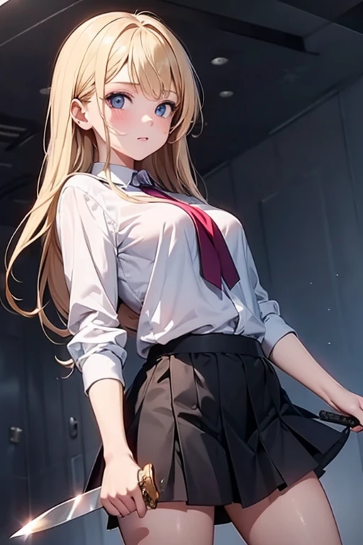 akizuki airi. oni chichi, masterpiece, highest quality, Very detailed, figure, Flat Color, Depth of written boundary, , , 1 girl, young, anime, Returning Home, full length, blonde, Twin tails, Looking at the audience, red pleated mini skirt, Wet white button-down shirt, , black tights, See-through underwear,Detailed fabric texture, Beautifully detailed face, blue eyes, A light smile, Pink Panties,Undress in the dressing room