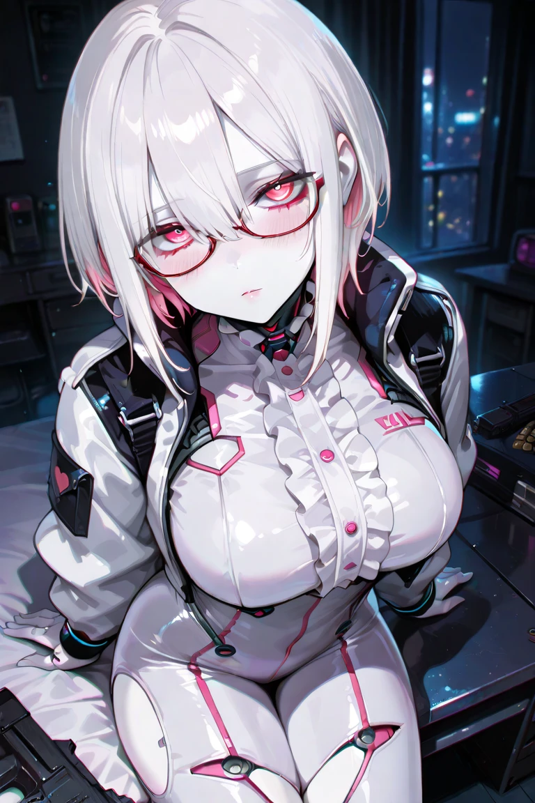 Absurd resolution, High resolution, (masutepiece: 1.4), Hyper-detailing, Silver-haired young woman in suit,Red shades of the eyes、eyes have a purple tint、blushing cheeks、Sad look, Blue Neon、Being in the blue cyber digital space