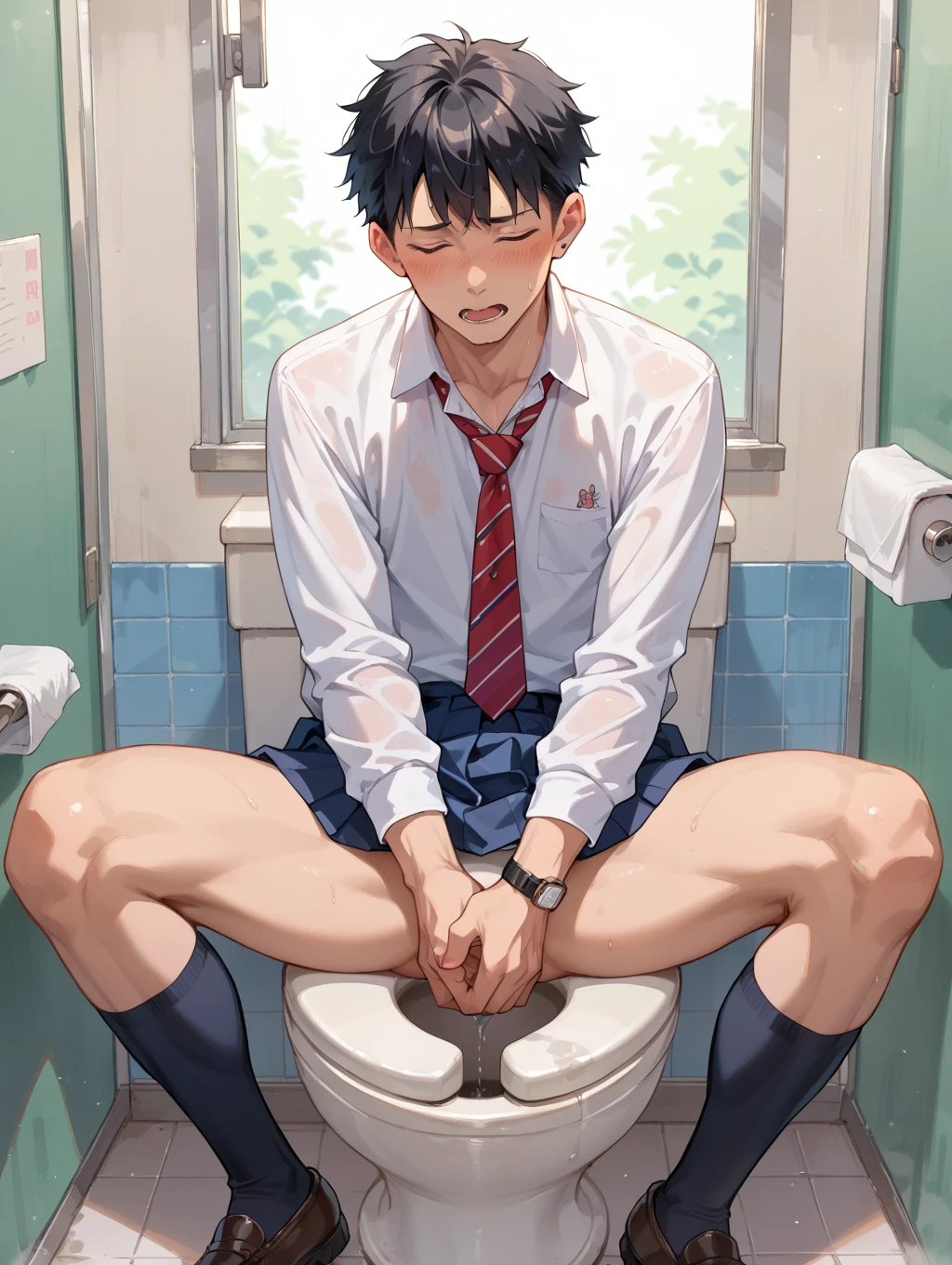 ultra-detailed, masterpiece, best quality, highres, nsfw, extremely detailed, solo shoot,solo, (man:1.5), lean guy, (detailed face), kneeling down pose, crawling, (restrained:1.5), shackles, handcuffs, short hair, work clothes, open clothes, bottomless, torn clothes, penis, (((excessive cum))), (cum on body:1.5), bus stop,