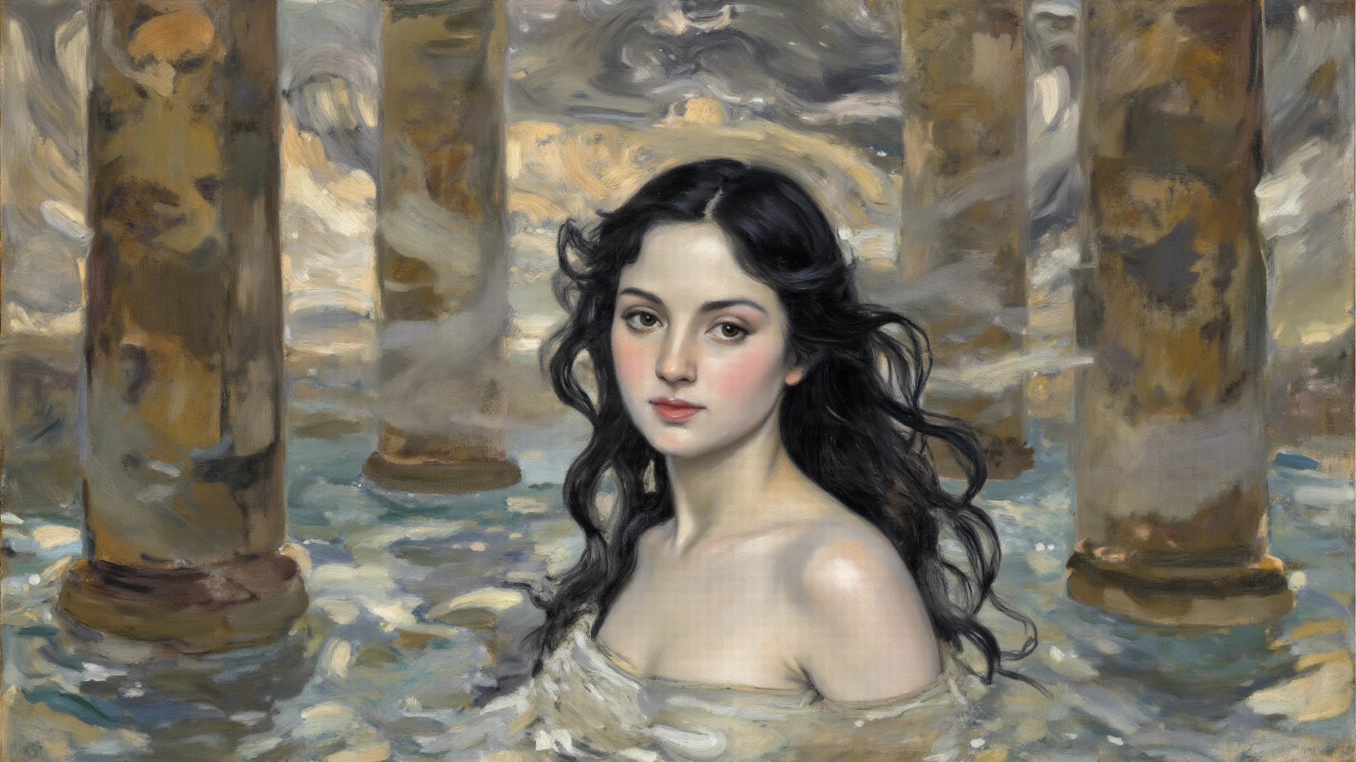 A stunning oil painting of a historical scene featuring a naked mermaid lounging on a rocky shore, her shimmering scales reflecting the sunlight. The background showcases a tranquil sea with gentle waves, bordered by lush greenery. The mermaid has flowing, wavy hair adorned with sea flowers, and her expression embodies both serenity and allure. The style should evoke the romanticism of the 19th century, reminiscent of the works of artists like John William Waterhouse, with rich textures and vibrant colors that bring the underwater world to life.