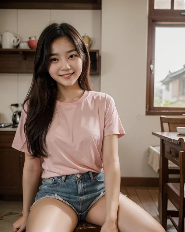 (8k, RAW photo, best quality, mastery:1.3), (realistic, photo-realistic:1.37), (looking viewer:1.331), posing Seductively, living room, soft light, 15 year old girl, short body, beautiful thighs, smaller chest, brunette hair, long hair, smile, pink lace camisole top, black short skirt