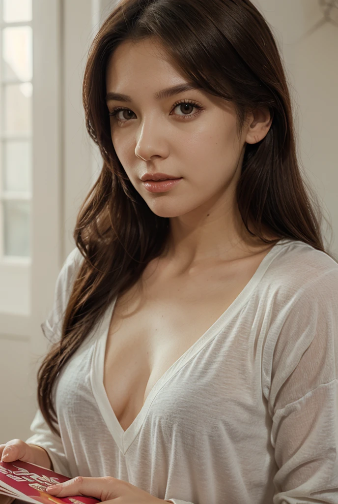 Medium shot, simple plain background, a medium shot of a goddess, wearing unbuttoned shirt,