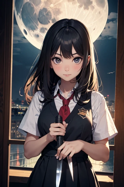 1 girl, (dark skin:1.2), shy, cute, cold expression, (8k, RAW photo, best quality, masterpiece:1.2) ultra-detailed, Super detailed, vivid colors, studio lighting, portrait, black coloured eyes, Night clouds background, Aesthetic, romantic, Luna, wearing goth collar, black hair, unbuttoned shirt revealing her chest, head to waist