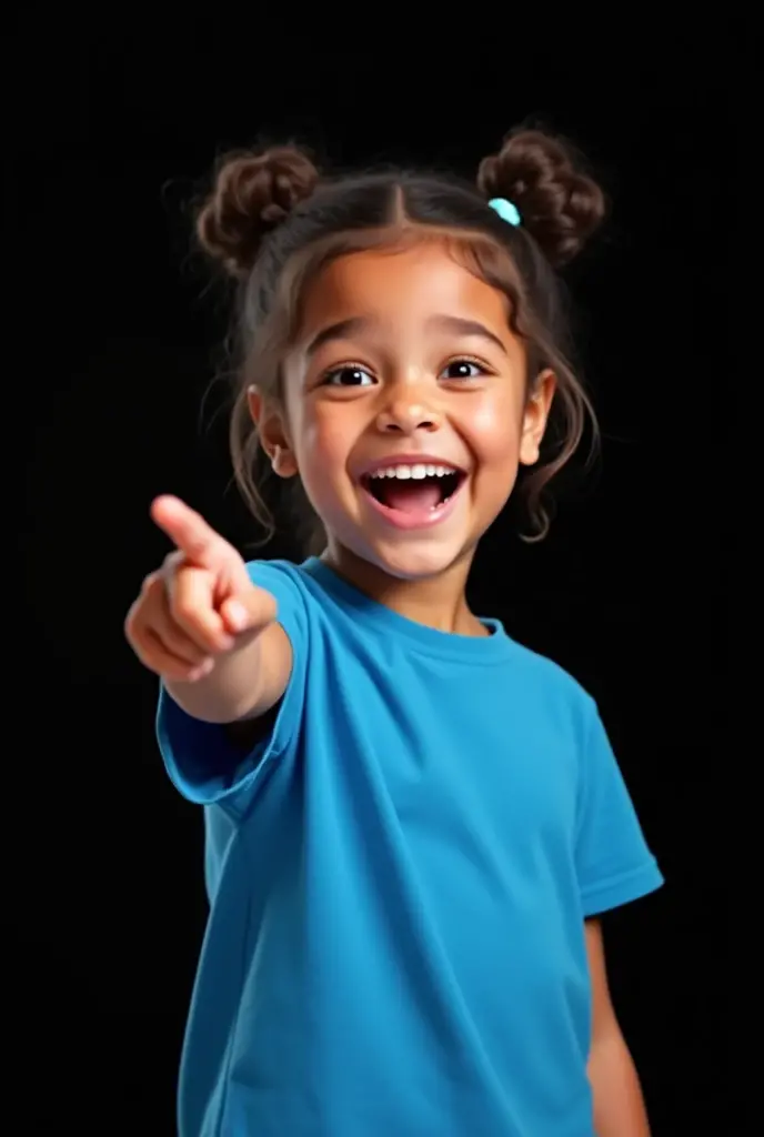 A young girl with a big smile on her face. She is wearing a blue t-shirt and is pointing his finger towards his right side. The background is black.