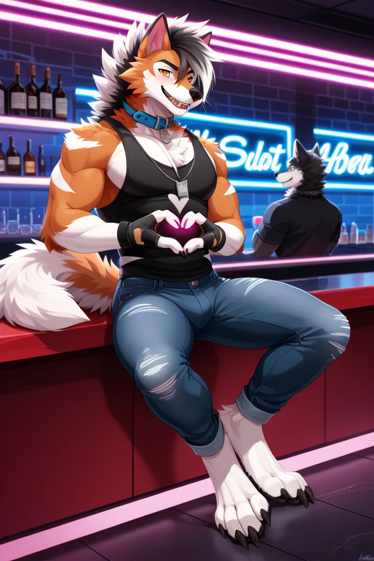 ((masterpiece))、(Super detailed)、(best quality)、Detailed background、(Science fiction style)、(concept art、Character table)、game pack、absurd(Highly detailed beautiful faces and eyes)perfect anatomy,Handsome boy,kemono,)(furry human),Anthropomorphic fox, In good condition, (Reddish fur, Exquisite details), Smile, Handsome, OK, orc, collar, at the bar, Sit at the bar, Neon lights, spread legs, pink underwear, canine, male, giggle, (Slim, , exquisite eyes), naked, nipple,