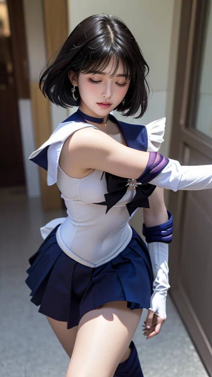 (masterpiece, best quality:1.4), (nebula background), (full body shot), (from back:1.2), (ass focus:1.5), 1girl, solo, (european youth:1), sailor saturn, tiara, sailor senshi uniform, purple sailor collar, pleated skirt, elbow gloves, jewelry, brooch, choker, short black hair, (purple eyes:1), beautiful face, highly detailed face, highly detailed eyes, highly detailed skin, skin pores, subsurface scattering, realistic pupils, large breast, full face blush, full lips, detailed background, depth of field, volumetric lighting, sharp focus, absurdres, realistic proportions, good anatomy, (realistic, hyperrealistic:1.4), 16k hdr,