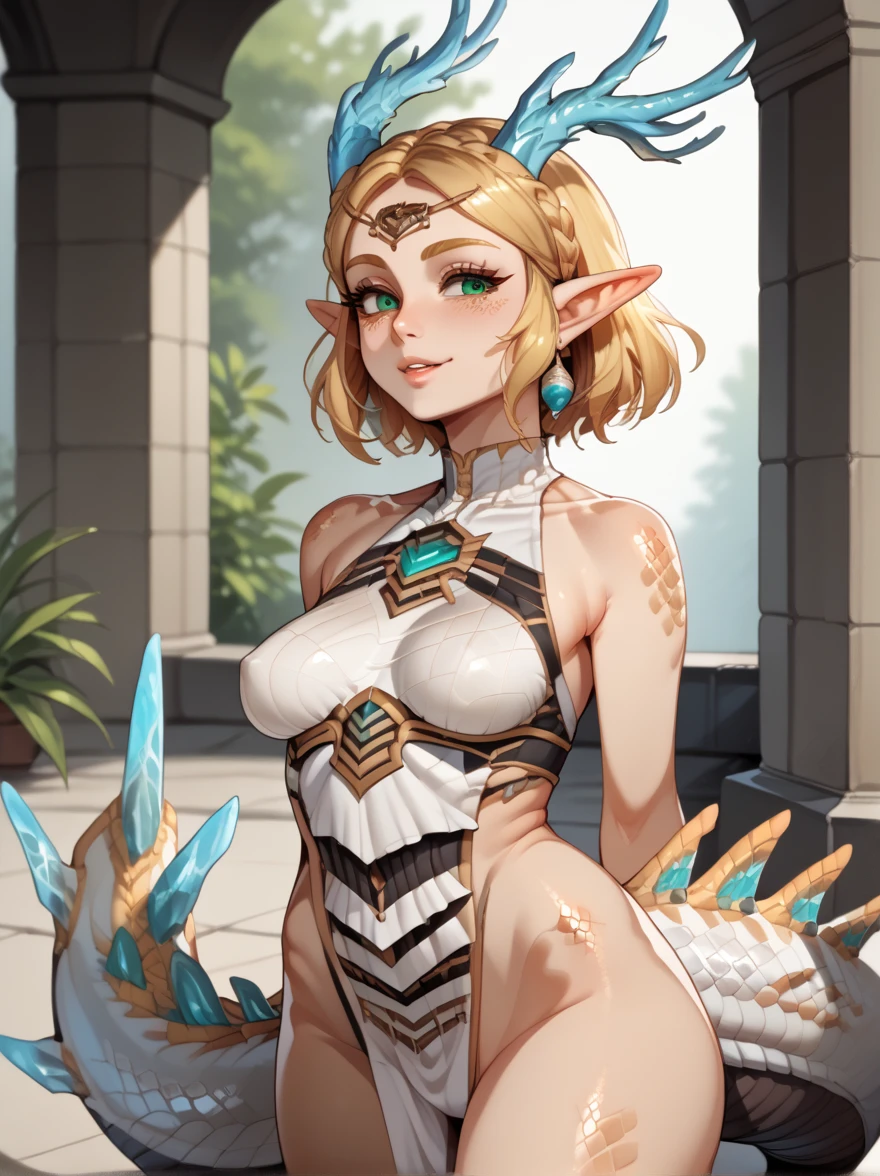 female humanoid lizard, with light brown sand-like scales, without clothes, with a wizard hat